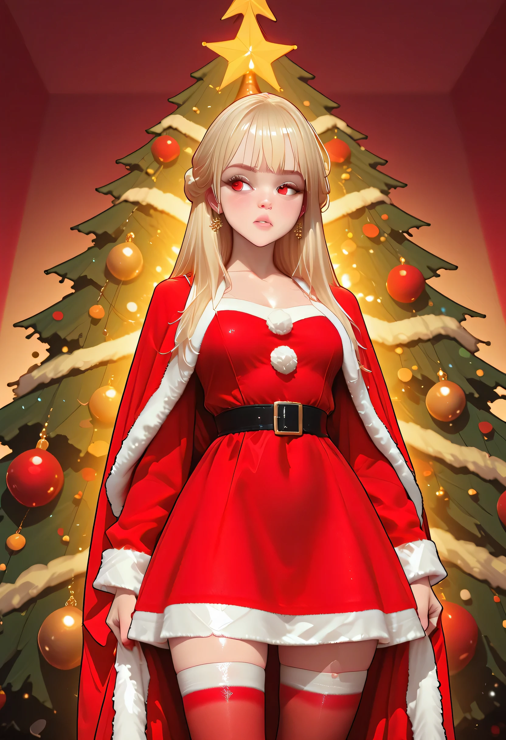 araffe dressed in a santa claus outfit standing next to a christmas tree, dressed in red velvet, santa, sexy red dress, dressed in a beautiful, santa claus, santa clause, christmas, holiday vibe, wearing red dress, in red velvet stockings, a gorgeous blonde, in a red dress, fully clothed in red robes, hot, wearing a red dress