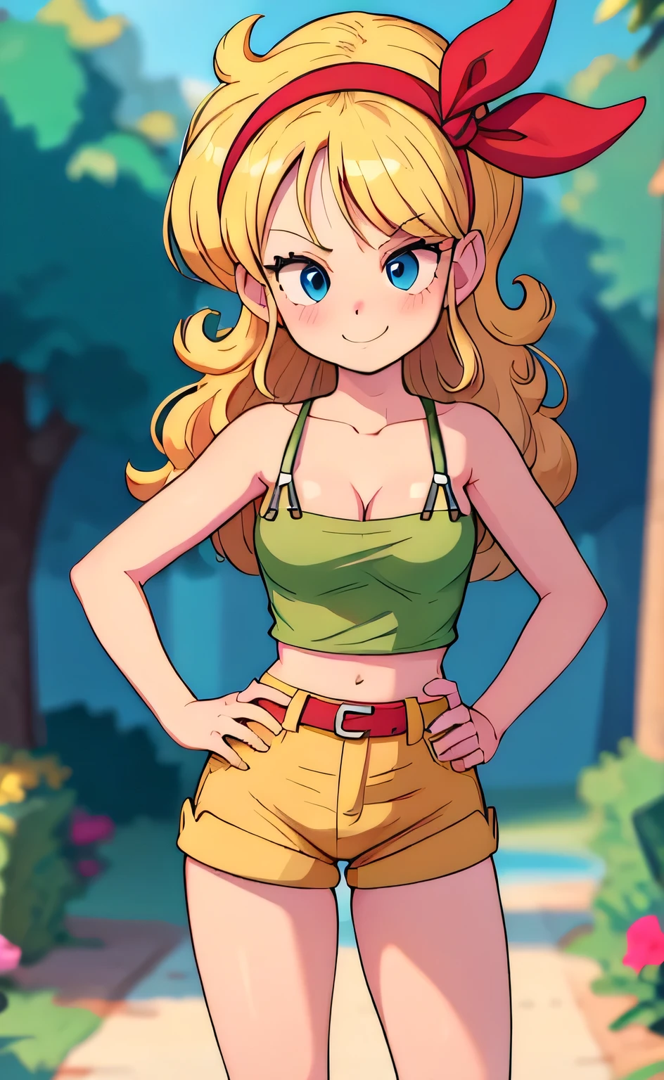 ((masterpiece, best quality)), insaneres, absurdres, solo, looking at viewer, BlondeHair_BadLaunch_ownwaifu, 1girl, long hair, blonde hair, curly hair, hair ribbon, blue eyes, medium breasts, red hairband, eyelashes, bangs, cleavage, bare shoulders, collarbone, pink crop tank top, belt, black leggings, bare legs, outdoors, depth of field, vanishing point, (contrapposto, hand on hip), smile