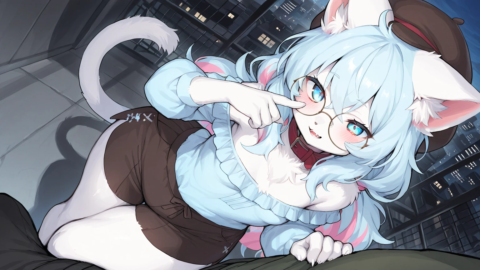 boy, cat, furry, bodyfur, blazer, blue tights, gloves, boots, school, looking back, kneeling, blush