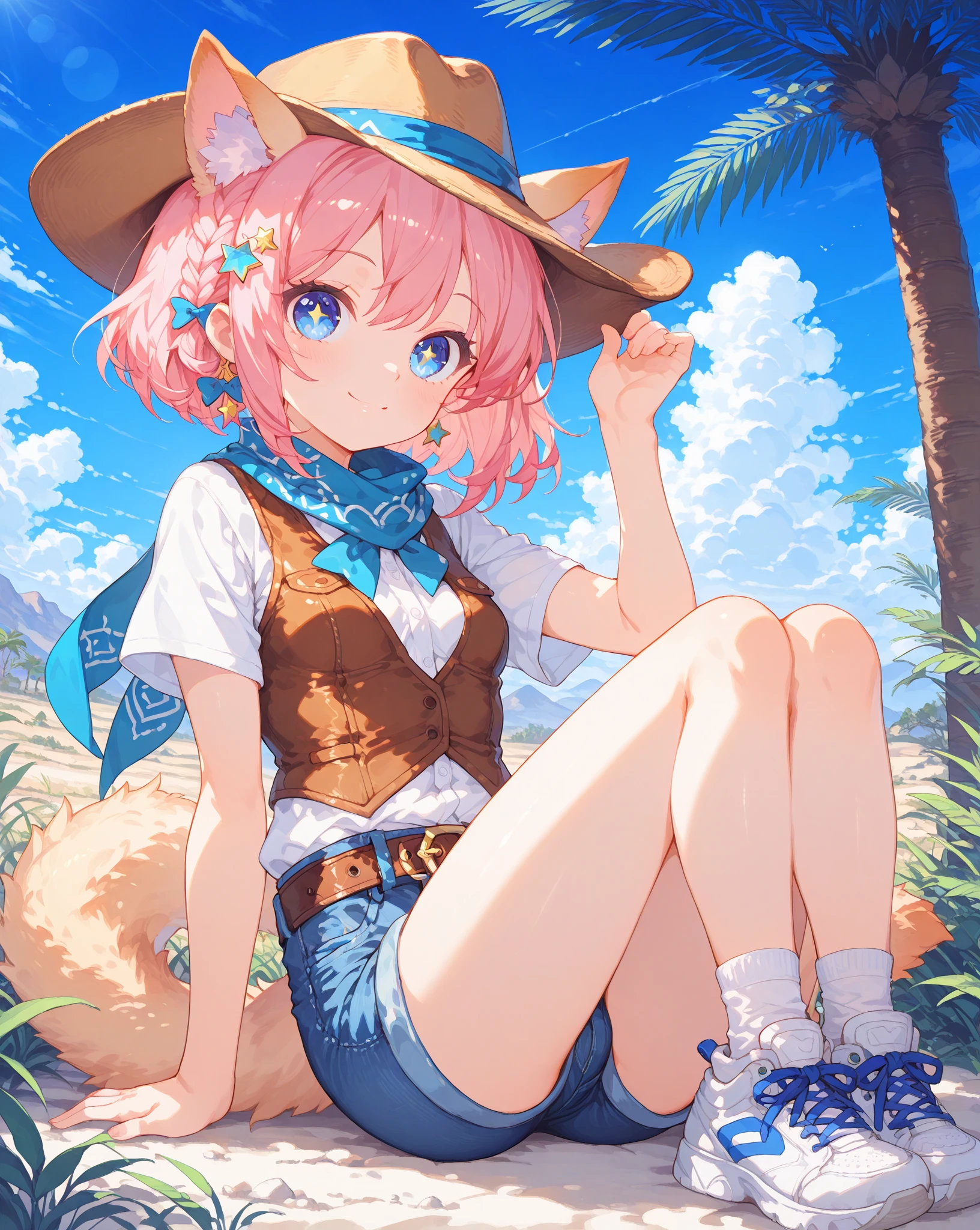 blush, outdoor, daytime, simple background, blue sky, wavy hair, sky, loli, very cute expression, small short legs, avatar, high-quality panties, shy, solo, 1girl, look from behind, ass, squat,