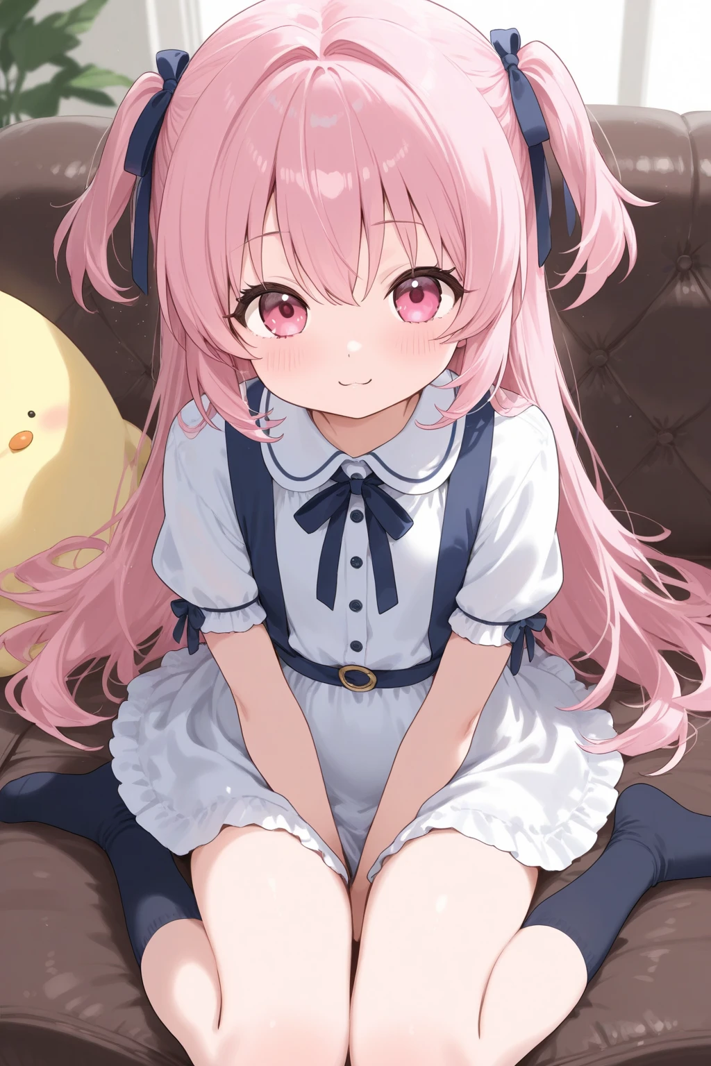 Embarrassed anime girl sitting facing forward with long pink hair with a big bow and light blue dress showing her legs open at 45 degrees with blue flat shoes with a bow