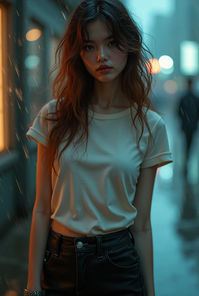 1 girl,Full body,extremely detailed face, lovely, detailled eyes,light on the face,cinematic lighting,Viewers look at,outside,Heavy rain,drenched wet ginger hair,