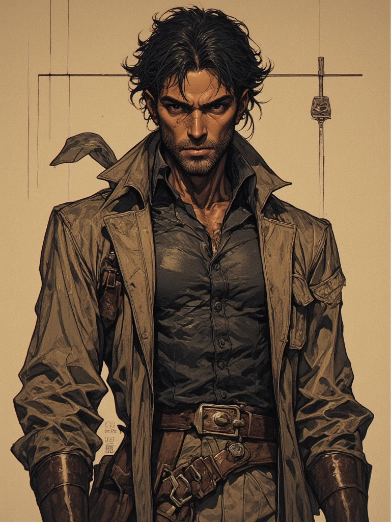 style Caravaggio,  cowboy, hoarse , charming, hair in a net, world masterpiece theater long , in boots,  plain background, ,  comic cover ,