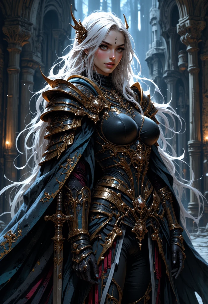 in front of church,an oriental goddess,Lupus,Bright Eyes,Serious expression,,Long silver hair,Big breasts,Perfect proportions for the body,穿著黑色Lupus聖鬥衣,Holding the broad sword tightly with both hands.Magic runes carved on the sword,8k,Movie Special Effects,movie lighting,Realism(1:0)