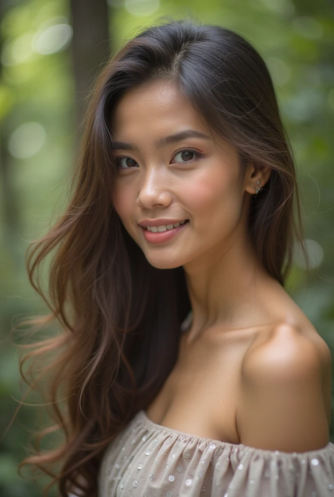 full body photo of a beautiful [girl | woman]  standing in the forest, wispy hair, contrast, texture, realism, high quality, film grain, Fujifilm XT3, insane details, intricate details, hyperdetailed, soft cinematic light, adobe lightroom, photolab, intricate, highly detailed, muted colors, insane details, intricate details, hyperdetailed, soft cinematic light, adobe lightroom, photolab, intricate, highly detailed, muted colors, masterpiece, (close up portrait of a smiling girl) , (backlighting), (intricate, octane render, highly detailed, 8k, hdr, uhd, high quality, professional, Unreal engine,Trending on artstation), lens flare, shade