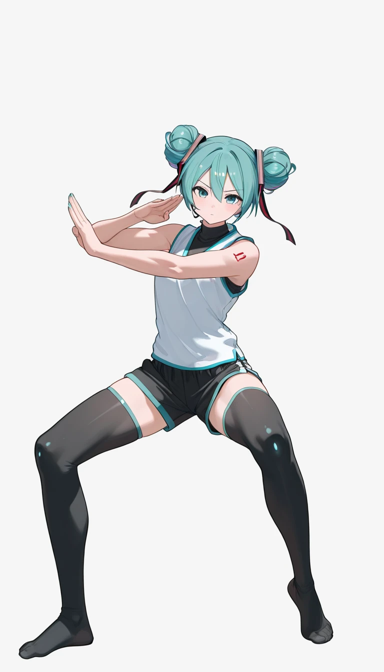 (masterpiece, best quality:1.2), 1girl, solo,standing_split, ((( small chest))),
((long ponytail turquoise hair))), ((red eyes))), White sleeveless tank top,nsfw, nude bottom,( black pantihose),(turquoise highheels)