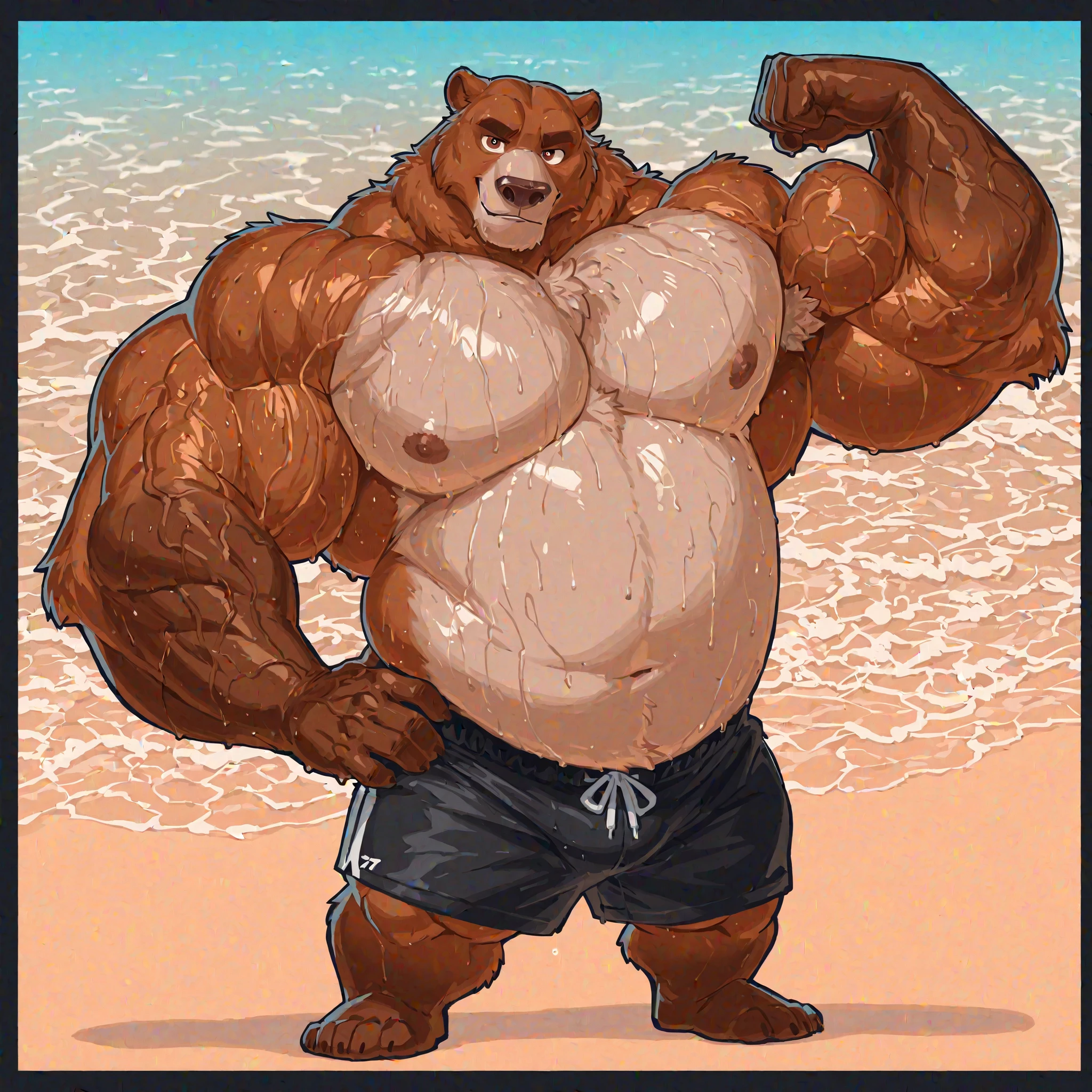 solo, 1boy, Huge Muscular Old Grizzly Bear wearing glasses , pectoral, huge pectoral, wide pectoral, brown fur, short brown hair, black competitive briefs, wristbands and shirtless topless, bearded, brown Mustache, muscle beach background, masterpiece, high detailed, 8k, high resolution, at the muscle beach flexing whole body veiny