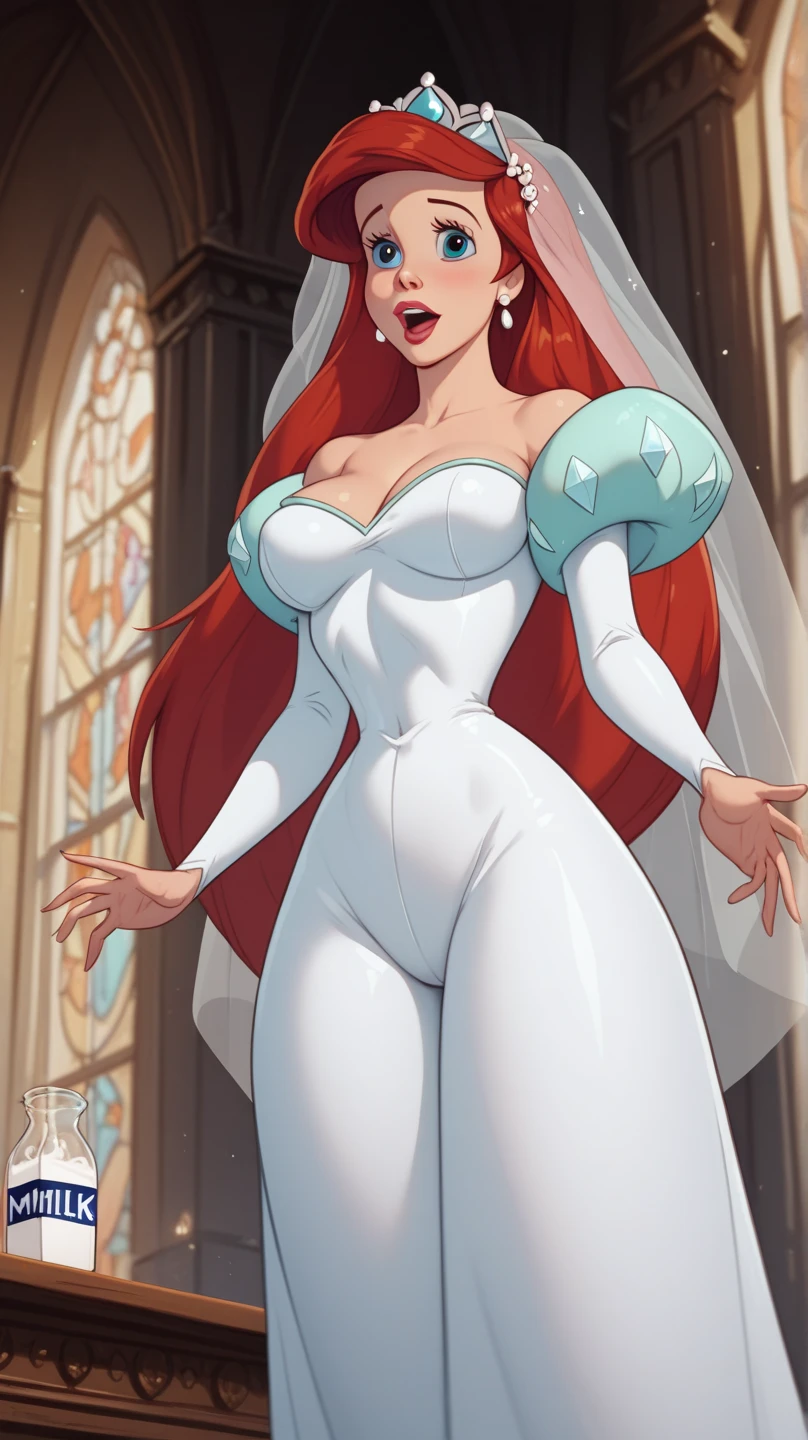 Jessica Rabbit, (front view), (full body), green eyes, long orange hair, (wearing a white wedding dress with a side cut), cleavage, ((white sleeve gloves)), sexy curves, big head, (solo), (standing), (lifting dress), (transparent white lace panties), (blushing), (seductive expression), (seductive pose), (church background)