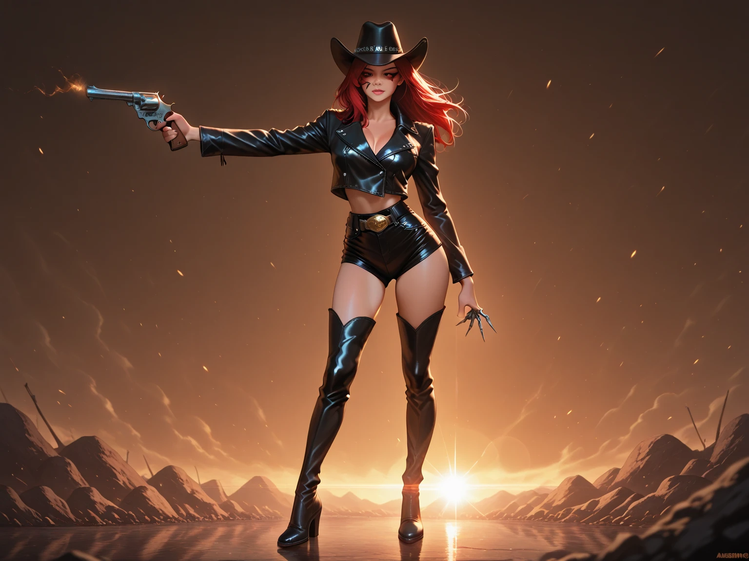 an attractive woman [gunslinger:bounty hunter:0.4] standing in a scifi wilderness (oceanicrealms style:1) <lora:djzOceanicRealms_LB2:0.8>