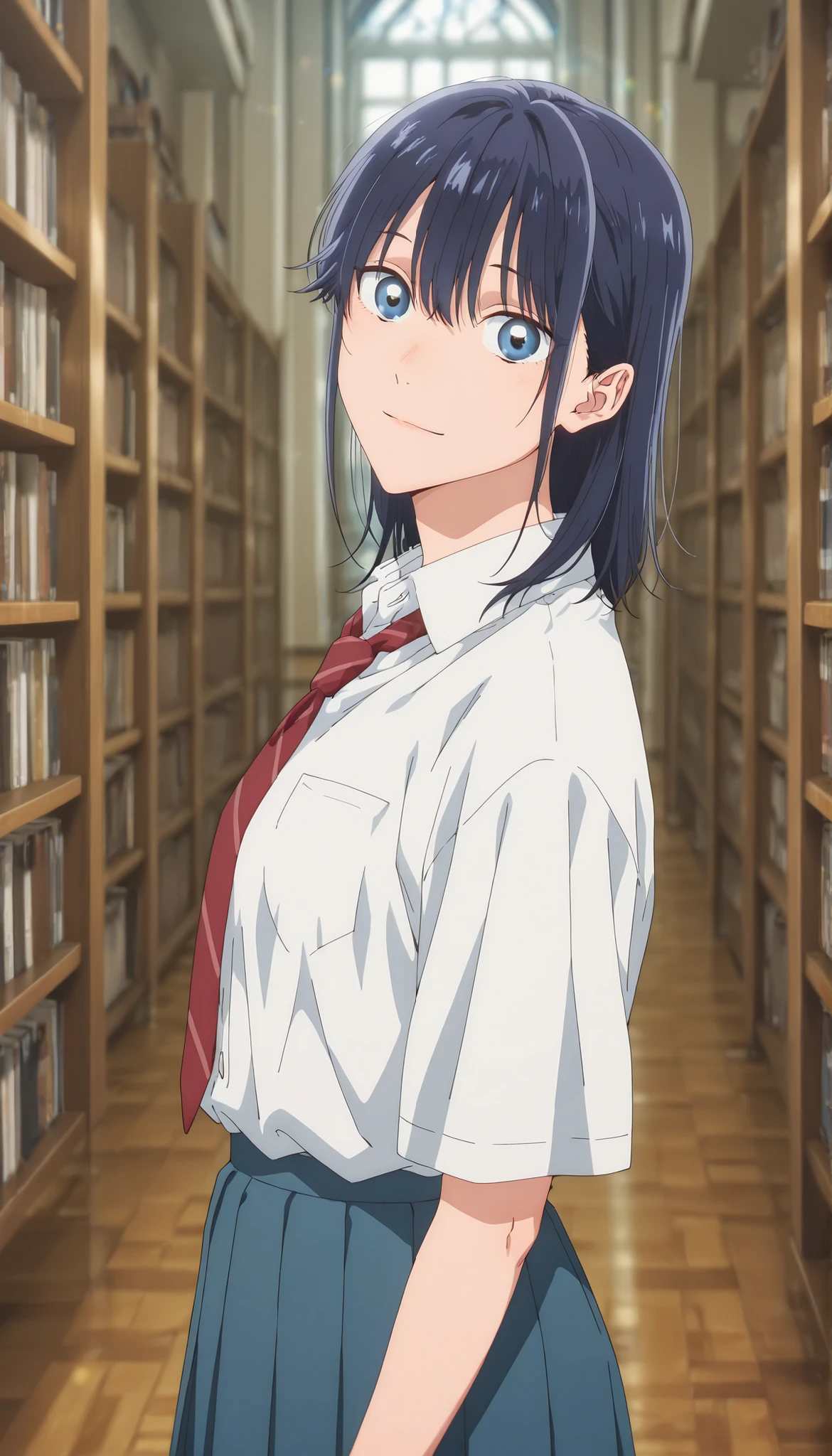 masterpiece, , absurdres, highres, detailed background, high resolution, masterpiece, necessary, detail, best quality, quality, necessary, details, High details, Precise, indoor, ((library)), (dappled sunlight ,day ,lens flare ,blurry background), from side:0.7, , , ,
detailed, anime screencap , anime coloring , official style , (aged up), head tilt, light smile,(slim body, slender body),
Break, girl , , <lora:Amaye_Moriya-20:0.8>Ayame, solo, blue eyes, blue hair, medium hair, hair down, long bangs, hair between eyes, sidelock, white shirt, collared shirt, collared bone, red necktie, striped necktie, skirt, pleated skirt, ,(small breast), light skin, looking at viewer, ,