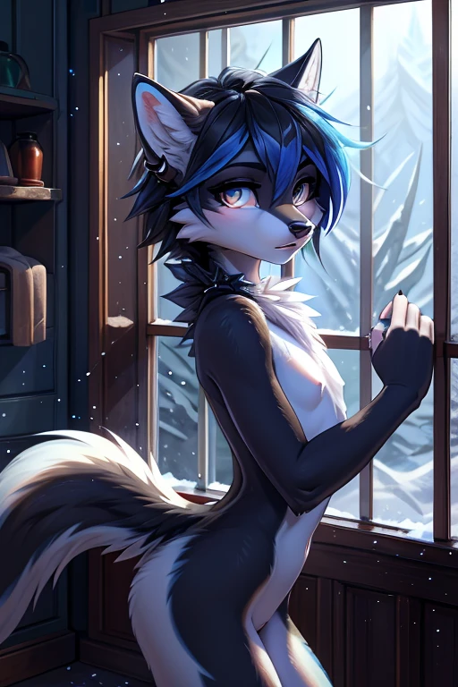 [Uploaded to e621.net; (Foxovh), (Pixelsketcher), (mayosplash], ((masterpiece)), ((nighttime lighting)), ((solo portrait)), ((furry; anthro cat girl)), ((detailed fur)), ((detailed shading)), ((beautiful render art)), {(anthro cat; white fur, short messy blue hair, blue thin but fluffy cat tail), black Tank top, black lounge shorts}, holding curtains, [background; (bedroom; dark room), ( big window; nighttime, full moon)]