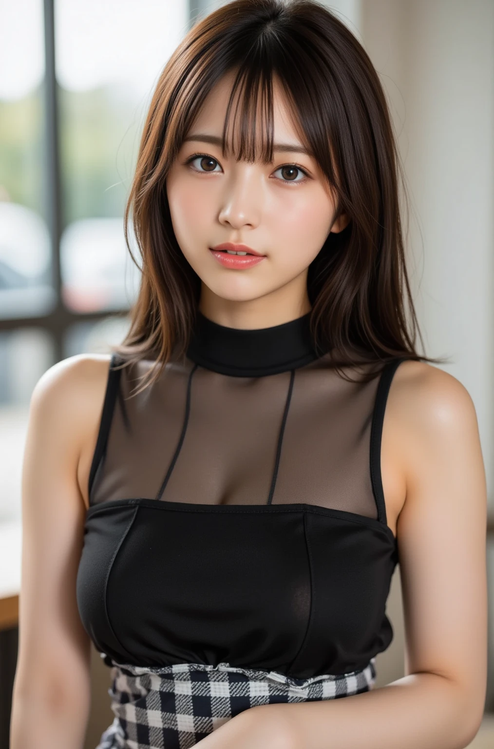 (8k、RAW Photos、highest quality、masterpiece:1.2)、(Realistic、Realistic:1.37)、Very detailed、超A high resolution、1 girl、View your viewers、Beautifully detailed face、Laughter、narrow、(Tight waist) :1.3)、A sexy dress with a deep slit like body tights made from sheer olive green fabric.、Transparent and open chest、Beautiful and detailed skin、Skin Texture、Floated hair、Professional Lighting、Grey Hair、Spring cityscape、A kind smile
