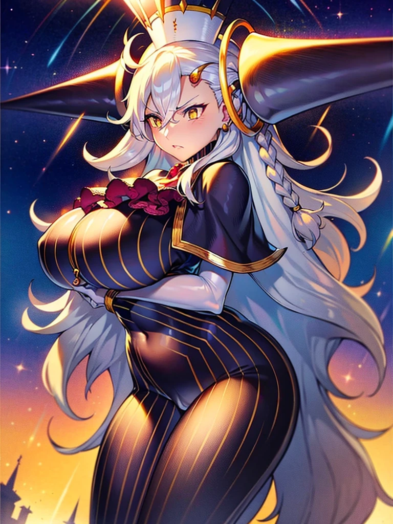 1girl, dark skin, dark-skinned female, white hair, long hair, yellow eyes, huge breasts, breasts, thick thighs, wide hips, mature female, milf, tall, tall female, toned, toned female, smile, futurustic, science-fiction, machinery, tech, white clothes, white bodysuit, bodysuit, thighhighs, 