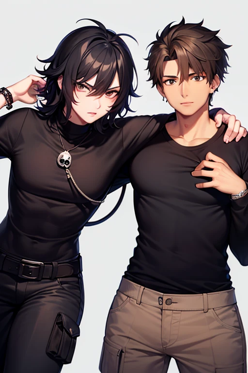 anime type drawing, boy with black spiky hair. black skin color with black eyes and a skin tone cross on his forehead. He is wearing glasses with a black, almost transparent lens., with the rocker type black clothes