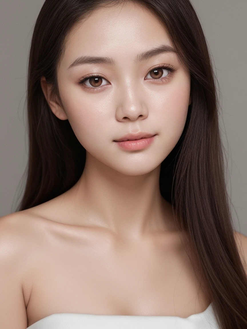 ((highest quality、8K resolution、master masterpiece、professional photography)), Photoreal, (very young 10 year old beautiful girl:1.2)、upper body photo、(Nude photos from the chest up:1.2)、(pure white background:1.1)、(advertising image:1.1)、stand gracefully、clavicle、(long straight hair:1.1)、(look at me悲しい微笑み:1.1)、(look at me:1.1)、perfect makeupアップ、Dark red lipstick、perfect makeup、eye shadow、long eyelashes、(Super high resolution glossy white skin:1.1)、feelings of love