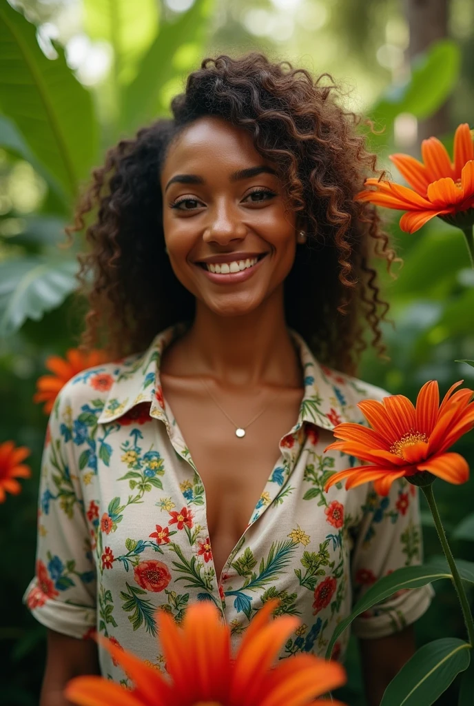 An Angolan woman in a lush tropical garden, wearing an open shirt with a floral print, with a close-up capturing the harmonious beauty between her breasts and the natural flowers, showing off your natural charm and outgoing personality.