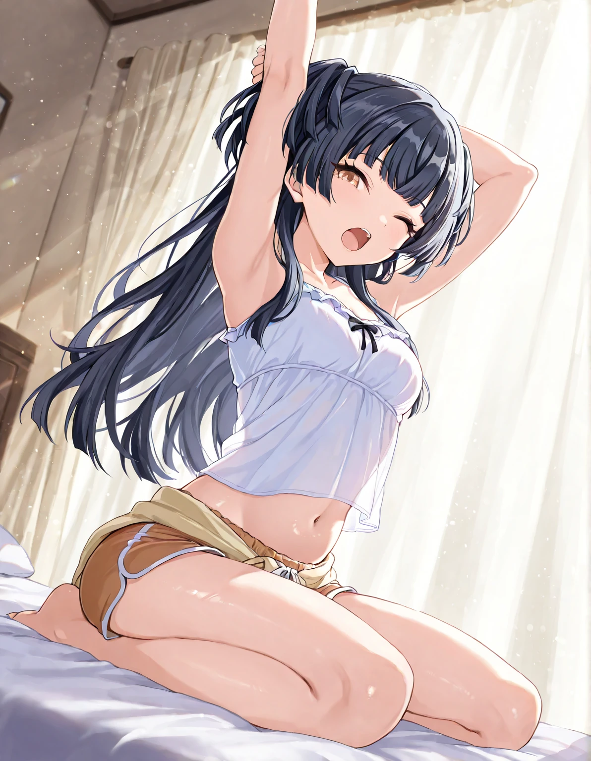 1boy, tidy, futanari, Vulgar underwear, fuck sign, fuck gesture, middle finger, vulgar gesture, sexual gesture, sexual appeal, tattoo, lewd crest, Bulge between the legs, tiny girl, young girl, mesugaki, mesugaki smile, Camisole, mini skirt, neat, black hair, long hair, Flat chest, big buttocks, thick thighs, Teasing, naughty looks, heart eyes, Vulgar underwear, fuck sign, fuck gesture, middle finger, vulgar gesture, sexual gesture, sexual appeal, He points to his own crotch, tattoo, lewd crest, tidy, Focus on the girl, glossy skin, oily skin, Gravure, pinup, junior idols, Sound, Clothing, vigorous, Dating,  Masterpiece:2, Top Quality, high Quality, Very Detailed, ultra  High Resolution, super High Resolution, Beautiful Detail, Dynamic angles, perfect lighting, 8k, Animation Style,  cartoon style, game cg, sfw, 