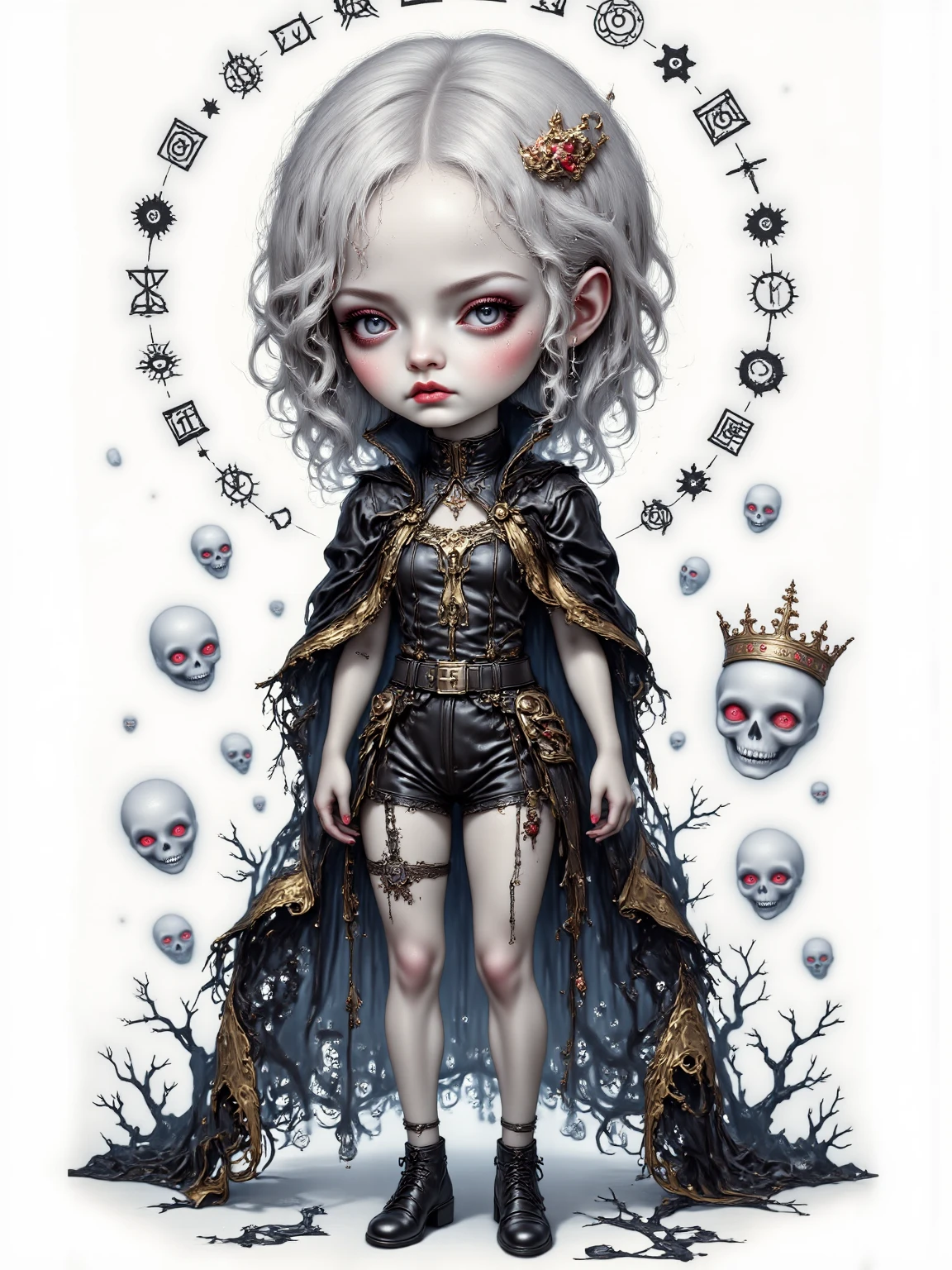<lora:Mark Ryden Style:1>, <lora:V1nt4geKn0ck3rs_v2:0.5>, high quality, high resolution, masterpiece, looking at viewer, complex painting with many perspectives, Mark Ryden Style page, apocalypse, black plague, dystopia, extreme violence, fractals, evil girl with horns with big breasts, latex body suit, tsunami, laughing, whipping thousand of miserable men, on top of a pile of gold, terminators, nuclear bomb in the background, the world is on fire, the devil is watching in the sky, piles of money, mascara, earings, V1nt4geKn0ck3rs