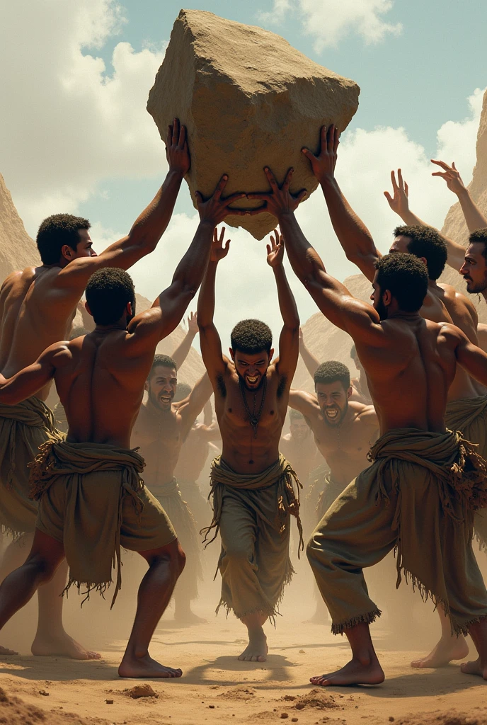 Make naked men slaves pushing the stone into the pyramid while a black woman with whips whips the men on the ass as they push the stone into the pyramid the whipped man cries in pain as he takes more