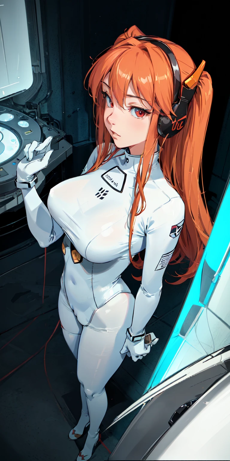 （down view），dynamic angle，ultra - detailed，illustratio，closeup cleavage，Straight Forward，1girll，
 （（Souryuu Asuka Lanley，Interface headset，red leotard：1.4，blond hairbl）），Her eyes shone like dreamy stars，（glowing light eyes：1.233），（beautiful and detailed eye：1.1），（face expressionless，Keep your mouth shut），（standing on your feet），
（Mechanical room with tools and spaceship windows in a white spaceship），
（the night：1.2），dream magical， [[Slender fingers and hands：0.55]：：0.85]，（detail finger），（big breasts exposed cleavage）