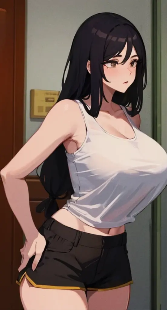 1 milf, long hair, very big breasts, very sexy body, smiling, wearing a glasses, wearing a white t-shirt that shows off his sexy stomach, wearing black shorts