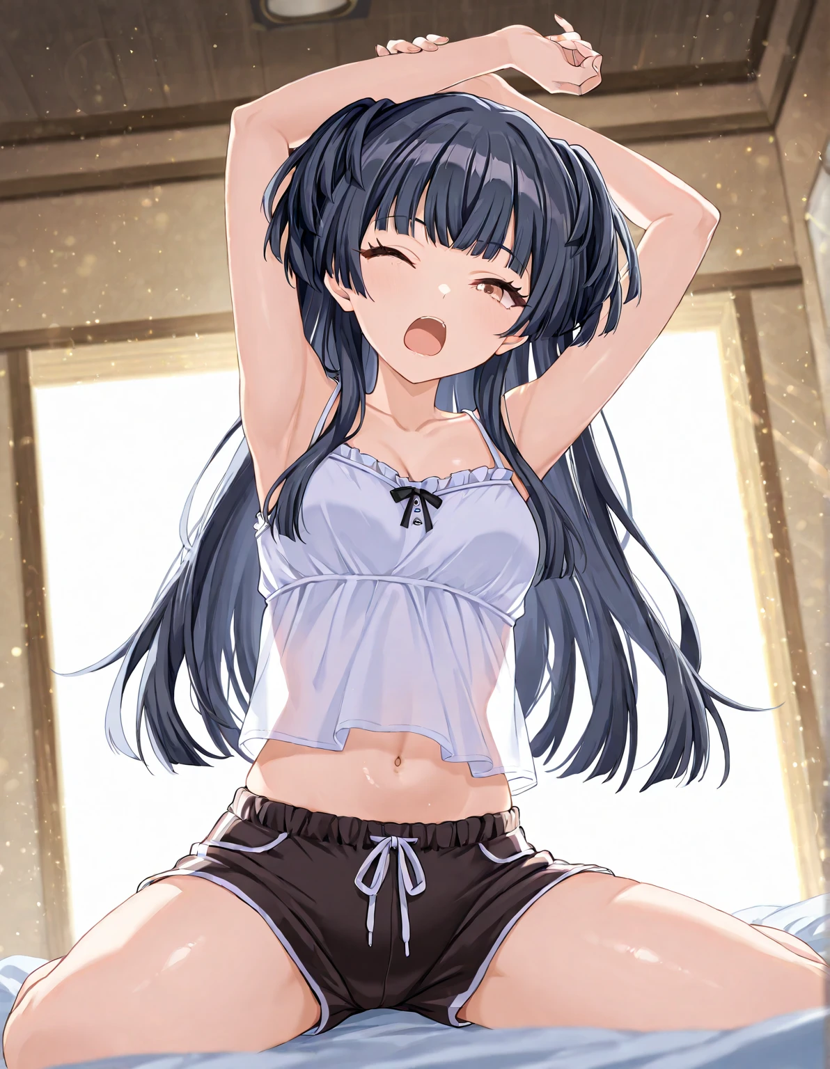 (​masterpiece、top-quality、hight resolution、photos realistic、real looking skin:1.1)、(1loli:1.5)、(12year old:1.5)、short stature、独奏、full bodyesbian、(very small breasts:1.5)、Beautiful eyes、Shining eyes、embarrassed from、short twintails、no bra、Chest Pochi、(Sheer white tank top:1.5)、(Fully exposed panties:1.5)、is standing、(arms behind back:1.5)、(Bedroom at night:1.5)、(Girls' Pants:1.5)、nsfw