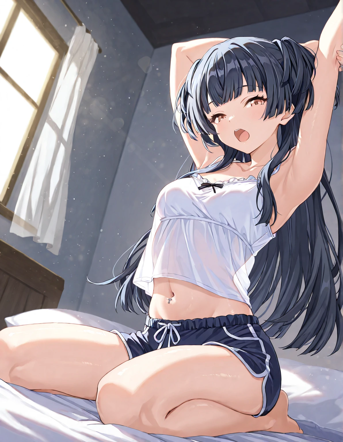 Gymnasium storeroom、女の子 1 人、masterpiece、top-quality、ighly detailed、toppless、White underwear、Smiling smile