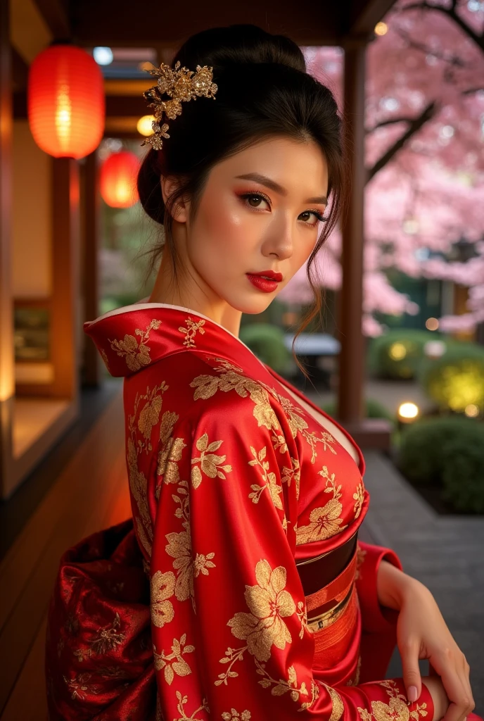 beautiful japanese woman with big breasts in revealing red kimono, autumn, on black background, red rose petals falling