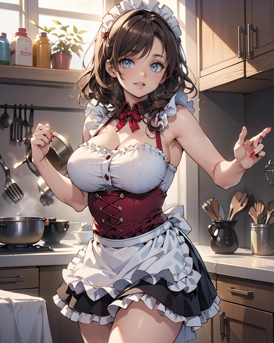 (((masterpiece, Highest quality, High resolution, 超High resolution, Perfect Pixel, Depth of written boundary, 4K, RTTX 10.0))), Beautiful Anime Woman, Beautiful art style, Anime characters, ((Smooth texture, Realistic texture, Anime CG Style)), Exact finger count、Exact number of legs、(Exact number of arms:1.0, Exact number of hands:1.0), (Perfect hands, Perfect Anatomy), Cinematic, Realistic, Extremely detailed CG, Daytime lighting, Perfect lighting, Best Shadow, The best natural light, whole body, Perfect body, バランのとれたPerfect body, Perfectly balanced style, Slender body, ((Long Hair, bangs, Reddish brown hair, ponytail)), ((A cute woman is cooking:1.8)), (pussy juice:1.5), ((Bow tie around neck, High heels:1.3), (Sexy and cute magenta underwear:1.3), (Stylish shiny magenta satin panties, Side-tie panties, Panties with plain magenta center and lace decoration on the sides:1.3), (Thin panties:1.3), (Magenta Micro Lace Satin Bra, Magenta bra with lace trim, Thin bra:1.3), (garter belt, Black knee socks:1.3):1.3), (Beautiful big , Cleavage:1.1), (Embarrassed expression:1.7), blush, (Stylish kitchen, In the middle of cooking, Dishes lined up in the kitchen:1.5), naked, In underwear, Waitress in underwear, (Frilly maid-like headband:1.2), Angle from the front