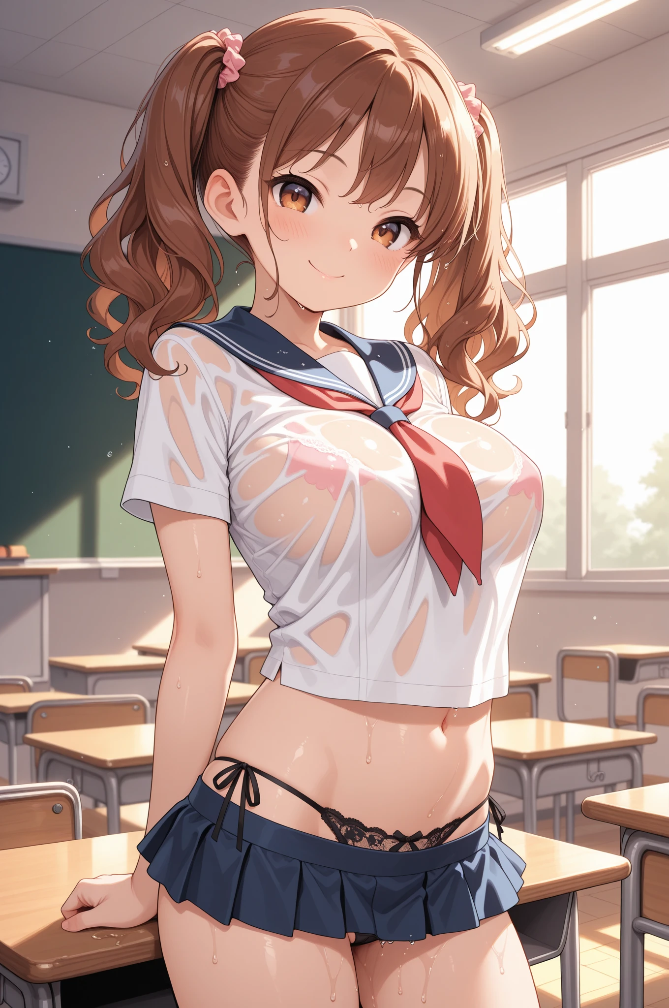 (8k, RAW photo, best quality, masterpiece, soft cinematic lighting, soft color:1.4), (realistic), (indoor background), (solo, mature woman,19years old:1.3), (sailor uniform,underboob:1.3), (smile face:1.2), party chignon bronze color hair, clean skin, (huge long wide heavy breasts:1.3), (thick, curvy:1.3),