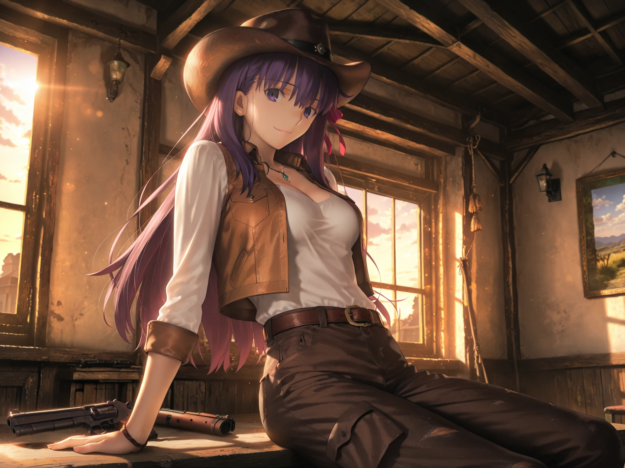 1girl, solo, wild west, summer, village, western, cowboy, sun, clouds, ((colorful hair)), curly hair, ponytail, large full breasts, ((brown leather jacket)), button down shirt, ((white shirt)), ((short sleeved shirt)), ((unbuttoned shirt)), unbuttoning buttons, cleavage 1:3, brown eyes, skirt, grin, looking at the viewer, standing, hair ribbon, golden necklate, pistole, shooting, cowboy hat