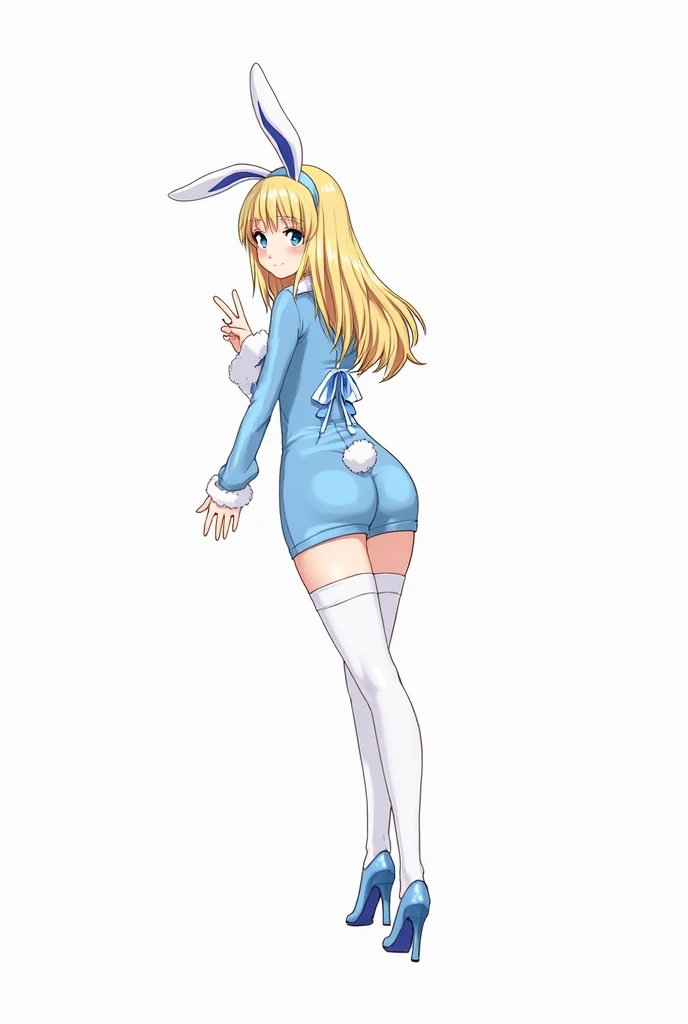 Anime girl posing in blue and white costume posing for a photo, Bunny Girl, lola bunny fanart, with bunny ears, with long floppy rabbit ears, Blonde anime girl with long hair, seductive anime girls, zerochan art, pixiv 3dcg, Best Rated on pixiv, small curvaceous loli, ecchi anime style, Digital art on Pixiv