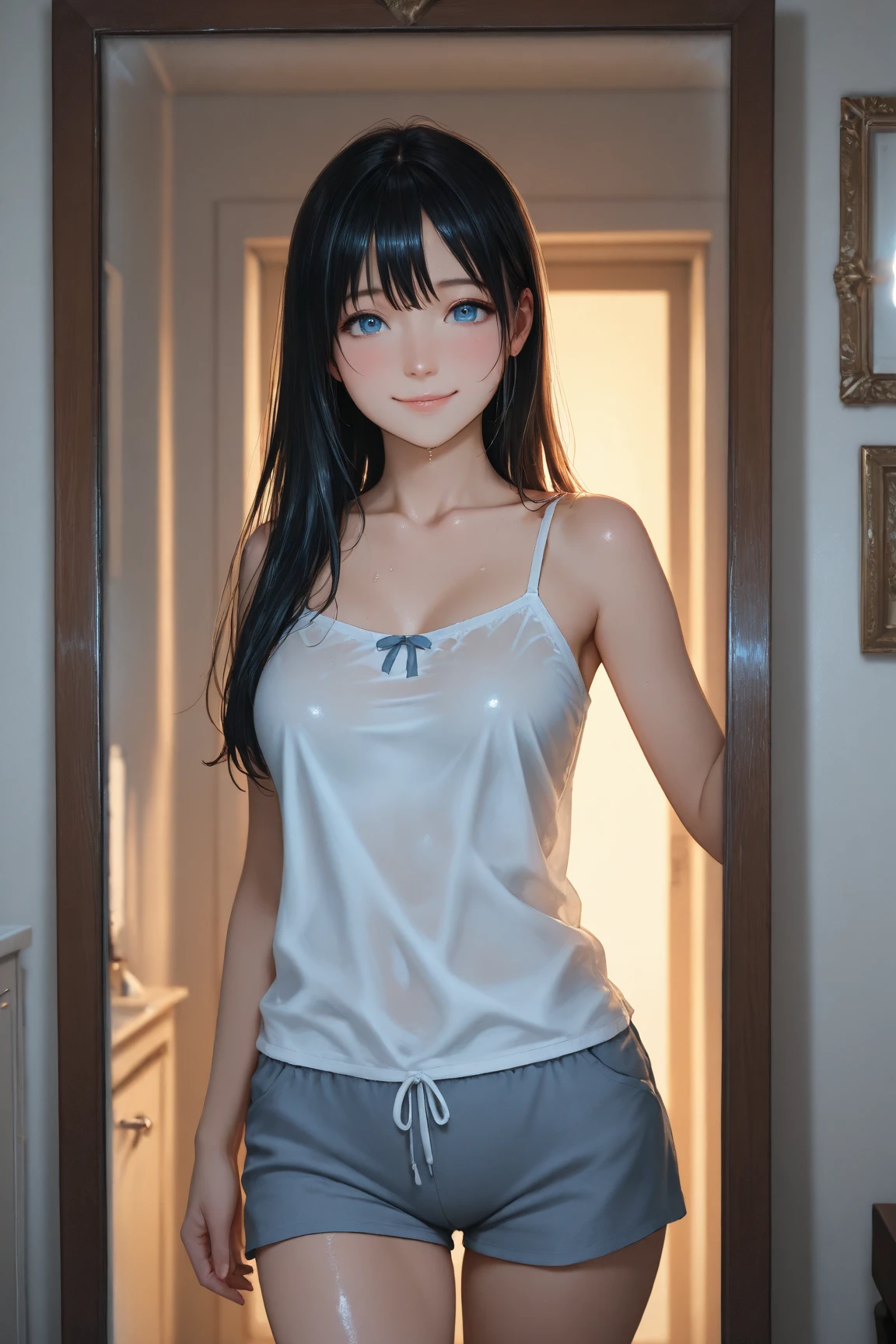 (best quality,4k,8k,highres,masterpiece:1.2),ultra-detailed,(realistic,photorealistic,photo-realistic:1.37),ponytail,black hair,high school girl,mini skirt,bedroom,sunlight,bright colored clothes,slightly exposed necklin, White camisole、Bright blue miniskirt、Naughty pose