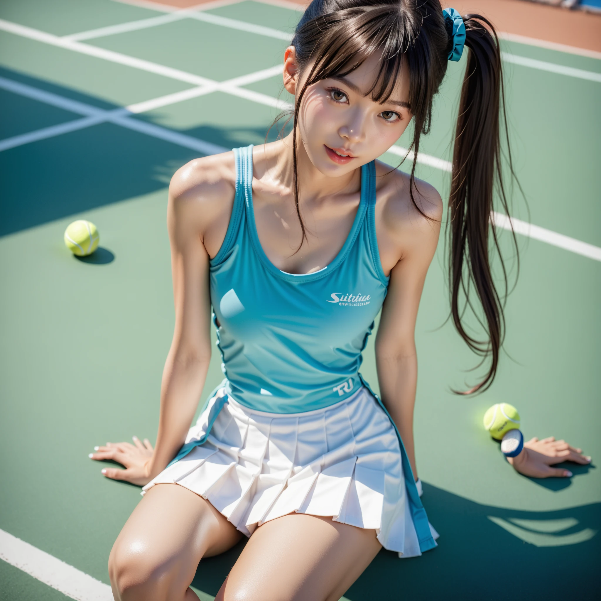 年轻,Turquoise Tennis Wear,teens girl,Delicate body,petite body,Delicate body,small tits,tiny chest,A dark-haired,Very Longhair,poneyTail,lawn