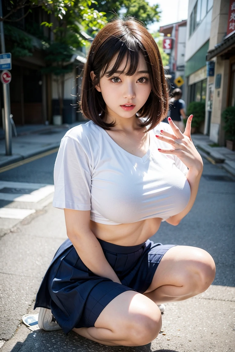 8K、超A high resolution、Best Quality、masuter piece、Photorealsitic、The ultra -The high-definition、(huge tit、Pretty big breasts、large cleavage、more boobs please、Must have a very toned body:1.18)((Always wear a white T-shirt and shorts)、Always put your hands behind your head、Always do squats:1.28)(Brown hair short bob、A Japanese Lady、Super cute、Cute smile、Drama filming location:1.15)