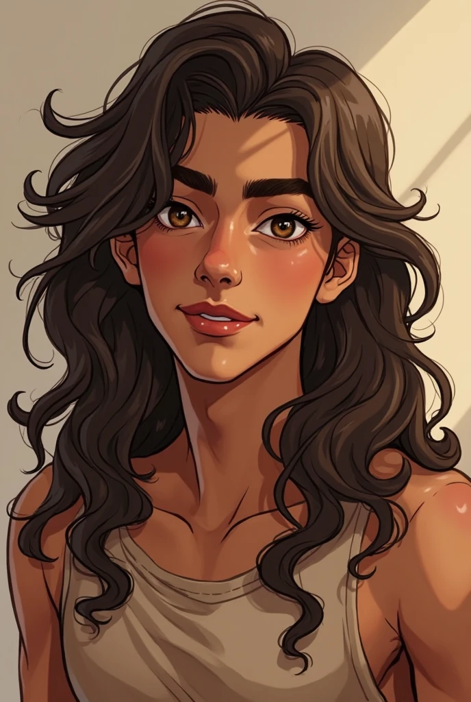 1woman with brown skin and long curly hair, Brown eyes