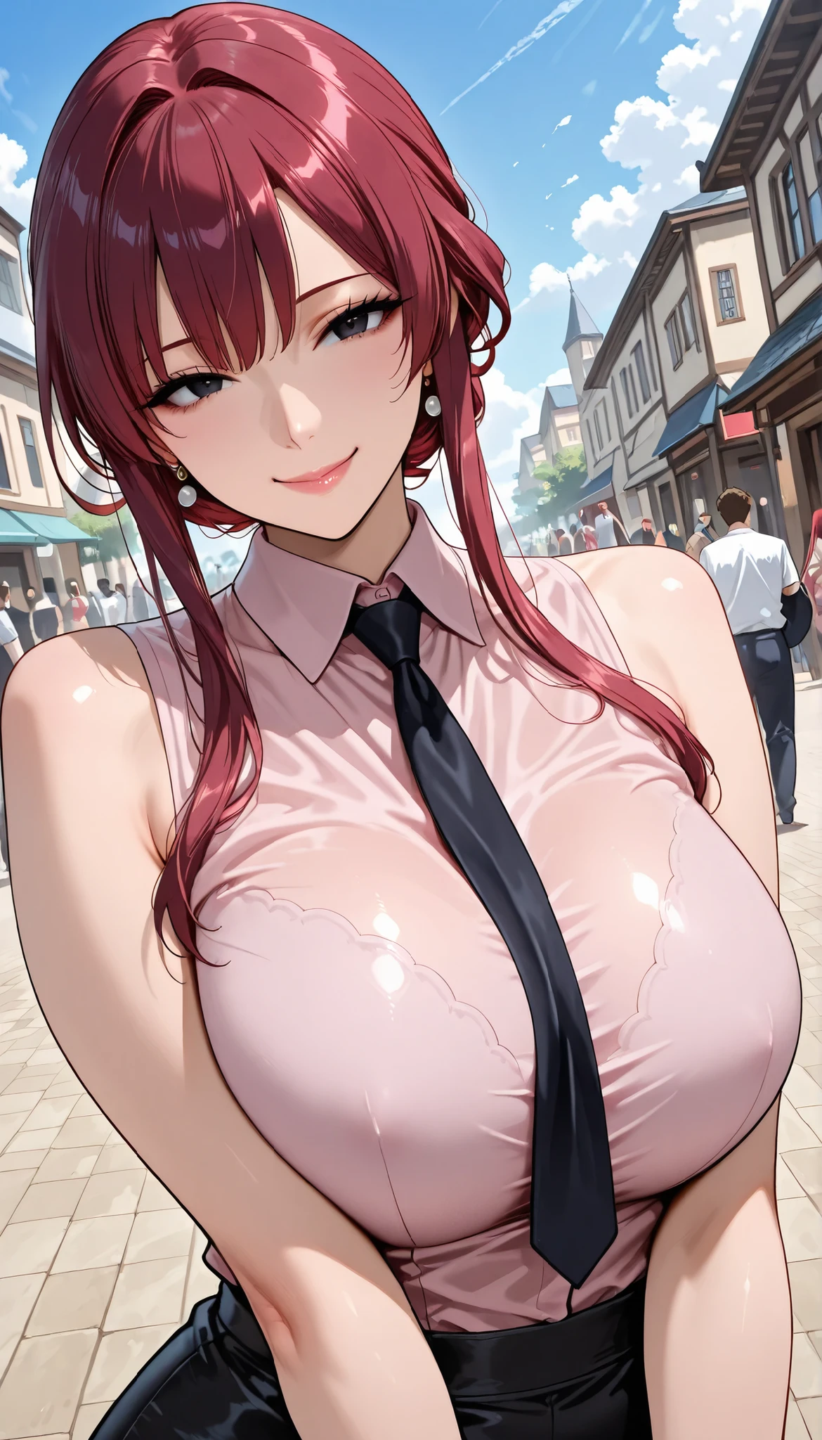 masterpiece, top quality, 1 Mature Woman成人女性, Adult body, Newest, top quality, is wearing a pink baggy t-shirt, (ulzzang-6500:0.5), bathed Eileen Berthelion (FAIRY TAIL\), (Red hair) + (twin blade) + (black eyes, ((Dark circles under the eyes)), Kafka costume, Ties, Blue Sky, seductive smile inducing to both breasts, , cowboy,小さな胸 sexy Red hair, Illustrious_Mature Woman