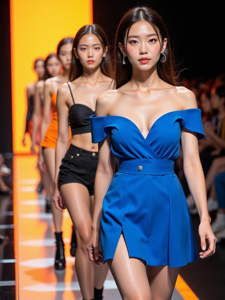Fashion Week catwalk,On a gorgeous stage,A group of Miss World,Dressed gorgeously,Full body photo of the vista,
