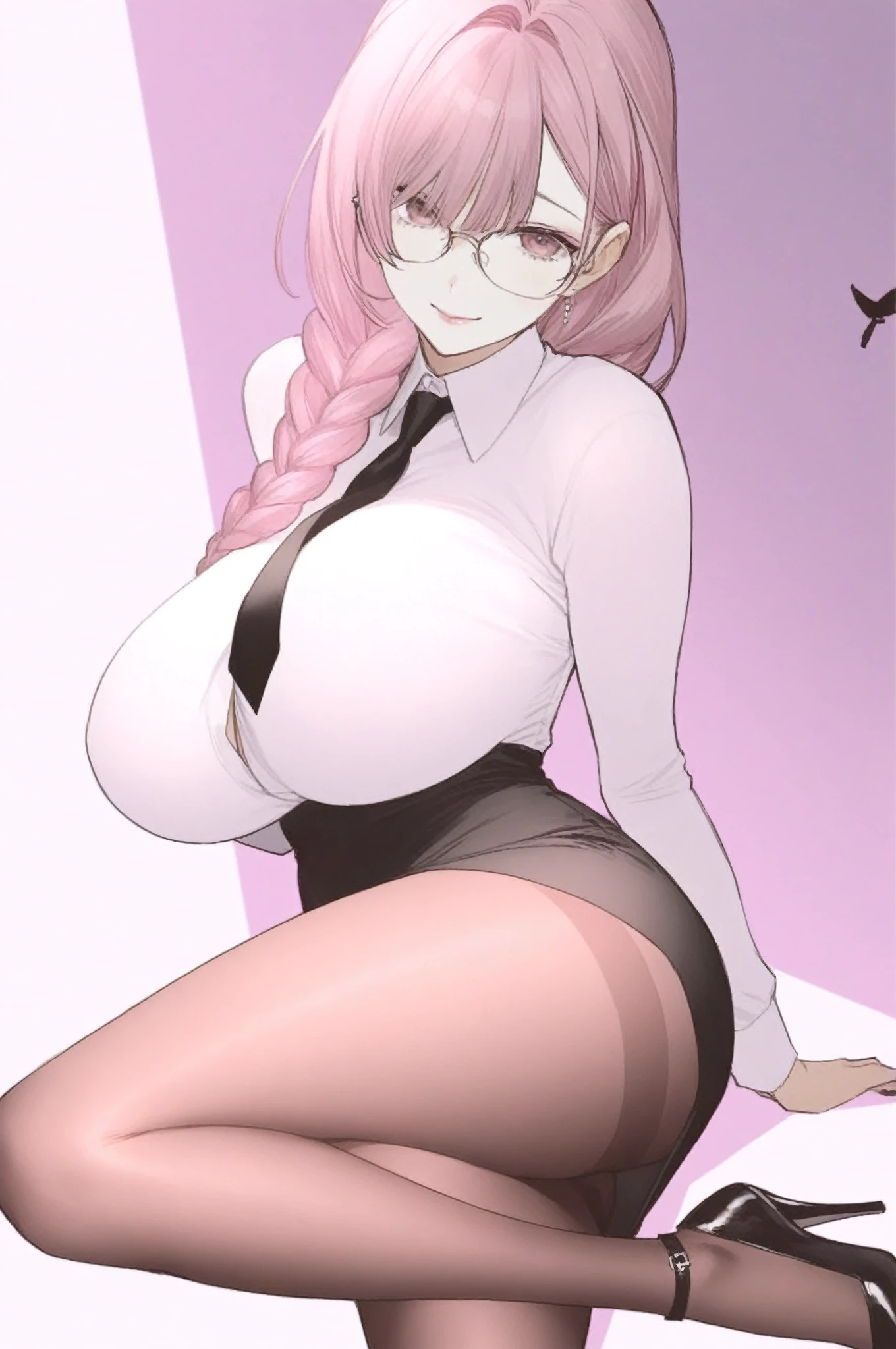 1girl, solo, gold horns, GOLD devil horns, wearing glasses , best quality, 4k, cute heart shaped face, plump lips, bimbo, sagging , cleavage, elf ears, light purple hair, white streaks in hair , long wavy hair, glossy lips,full body image , wearing school girl outfit, in school , black pleated skirt , pink blazer , white button up collared shirt , black and pink tie, wearing black loafers , wearing white stockings, anime, plump ass , huge ass , detailed face and eyes