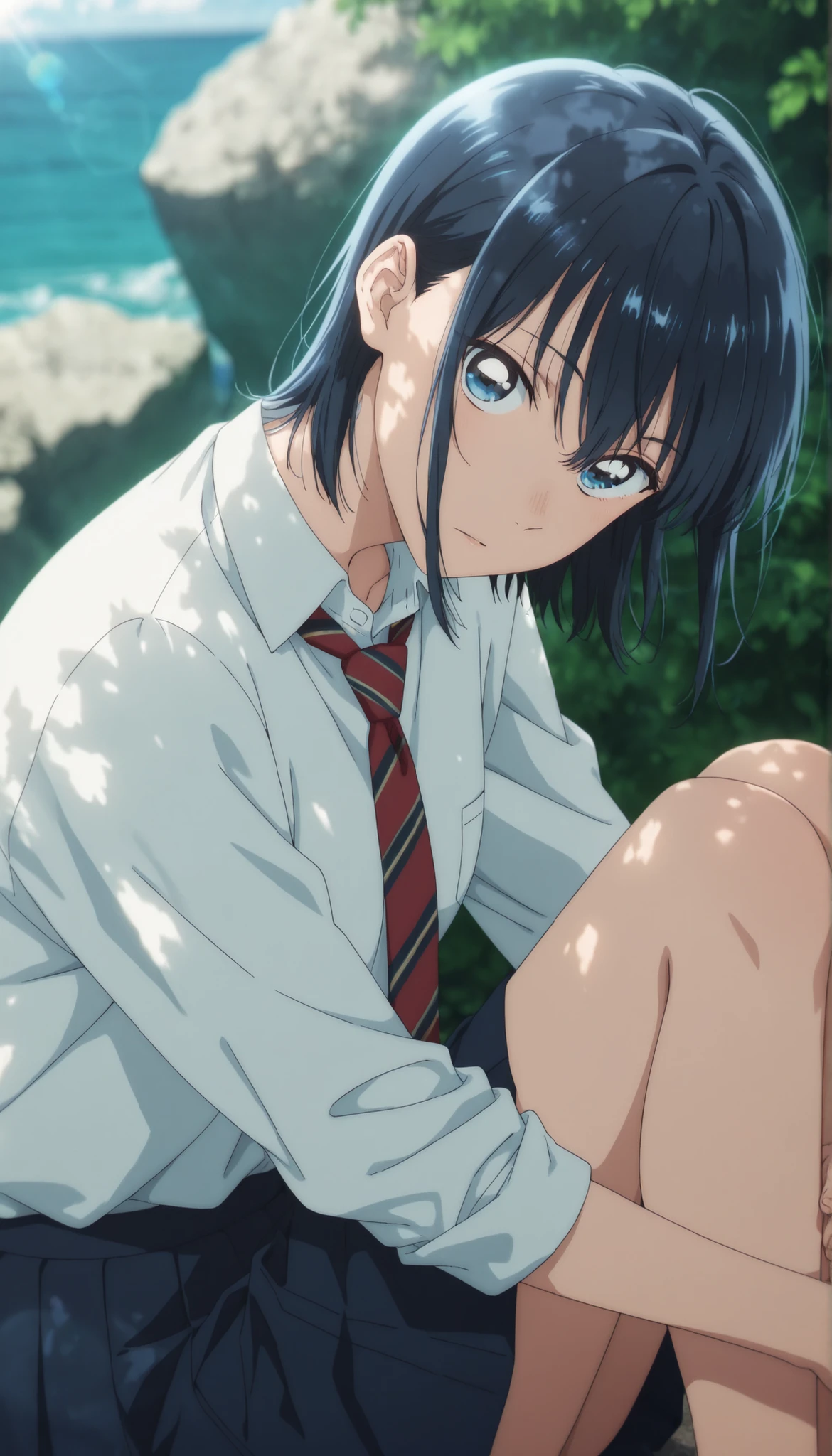 masterpiece, , absurdres, highres, detailed background, high resolution, masterpiece, necessary, detail, best quality, quality, necessary, details, High details, Precise, outdoor, ((sea)), (dappled sunlight ,day ,lens flare ,blurry background), from side:0.7, , , ,
detailed, anime screencap , anime coloring , official style , (aged up), head tilt, sitting, fetal position, ,(slim body, slender body), ,
Break, girl , , <lora:Amaye_Moriya-20:0.8>Ayame, solo, blue eyes, dark blue hair, medium hair, long bangs, hair between eyes, sidelock, white shirt, collared shirt, collared bone, red necktie, striped necktie, skirt, pleated skirt, ,(small breast), light skin, looking at viewer, ,
