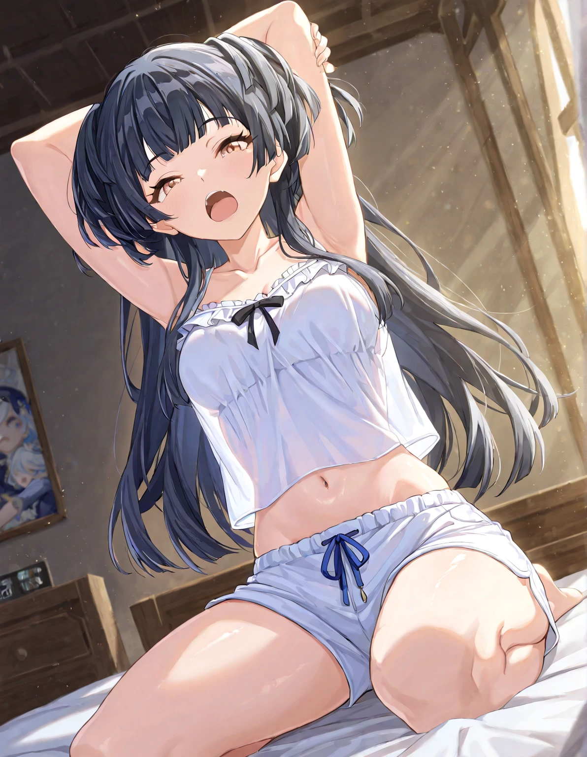 (Rear insertion position, ), Black Hair, Long Hair, Cute Hips, , ,(Cotton shirt、Linen long skirt、Striped Lingerie、White garter stockings),front , legs apart、sobbing、hand_on_own_face、nsfw、BREAK Perfect Anatomy、Highest quality、(cute:1.1)、(cute)、(High resolution:1.2)、Unbelievably absurd:1.3、Incredible illustrations、(cuteイラスト:1.2)、Beautiful background、(1 girl) 、solo)、(10th Generation、JK、Loli face、Small breasts:1.2)、slender、、(skirt lift,),、(tooth:0.6)、、Eye highlights、