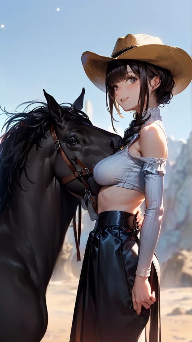 //Character 1girl, human-horse chimera girl, slim and soft, medium large breast, ultra detailed face, super cute, innocent, round face, thin eyeblow, heart shaped pupils, translucent skin, smiling full of compassion, extra long hair, black hair, silver side colors, multi color hair, shaggy bangs, highpony style, horse ear on her head BREAK //Fashion Her outfit is inspired with thoroughbred, it consists  string tie side thong, (leather Bit in her mouth:1.8), ((leather reins:1.4)), saddle shaped knapsac, the outfit is tight and digging into her body, wedgie, BREAK //LOCATION stable, other horses eating grass, BREAK // behavior kneeling down on her knee, being pulled by reins, rearing up on her hind legs