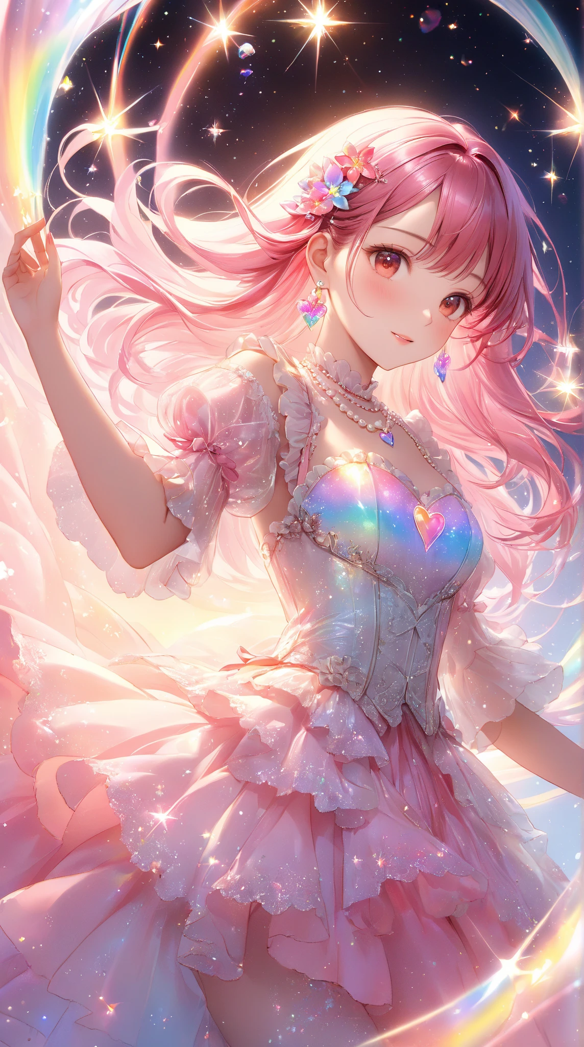 (8K, masutepiece, Highest Quality, Best Quality, Official art, Breathtaking beauty and aesthetics, A highly detailed, The best masterpiece in history that exceeds limits, Breathtaking and beautiful lighting:1.2), (1 Girl, Solo), (16 years old), (Beautiful detailed face), (shiny white skin), (Beautiful big bust, cleavage:1.3), (Beautiful detailed pink twintails hair, Bangs:1.3), (beautiful detailed drooping pink eyes:1.5), (Beautiful Luxurious blue Princess Dresses, See-through intricate lace, black cute bow ribbon, a lot of see-through frill, sheer chiffon material, silver thread, Diamond, pearl, corset), (Beautiful Luxurious Diamonds Tiara), (happy Beautiful Gentle cute innocent smile:1.2), (sensational, Attractive, amazing, Beautiful, Elegant, Luxurious, magnifica, Eye-catching, Graceful, Everyone loves it, Healed, cute like an idol, Stylish like a fashion model, Goddess-like grace, Look at the camera), breathtaking scenery, (ultra detailed realistic Breathtakingly beautiful mysterious fantastic Kaleidoscope, psychedelia, abstract art, mysterious purple butterfly:1.2),