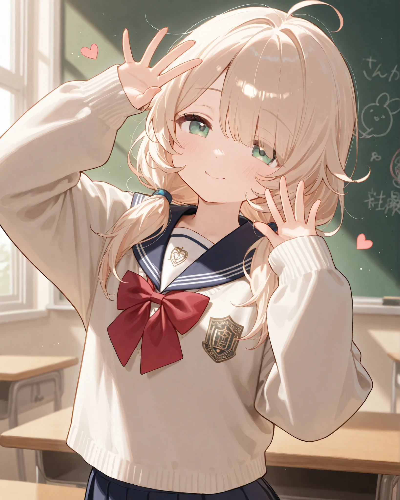 girls , yusa kozue、High Quality, masterpiece, 4K, 8k, High Definition, , High Definition, 超High Definition, , Ultra Precision Paint , , in front of blackboard in classroom、Natural Light, 、evening、Mellow、 、、unbelievably embarrassing、Upper Body Up、、、、、uniform、、white knit、skirt、、、、clothes、、、make a heart with their fingers、close your eyes、、Sexy Smile