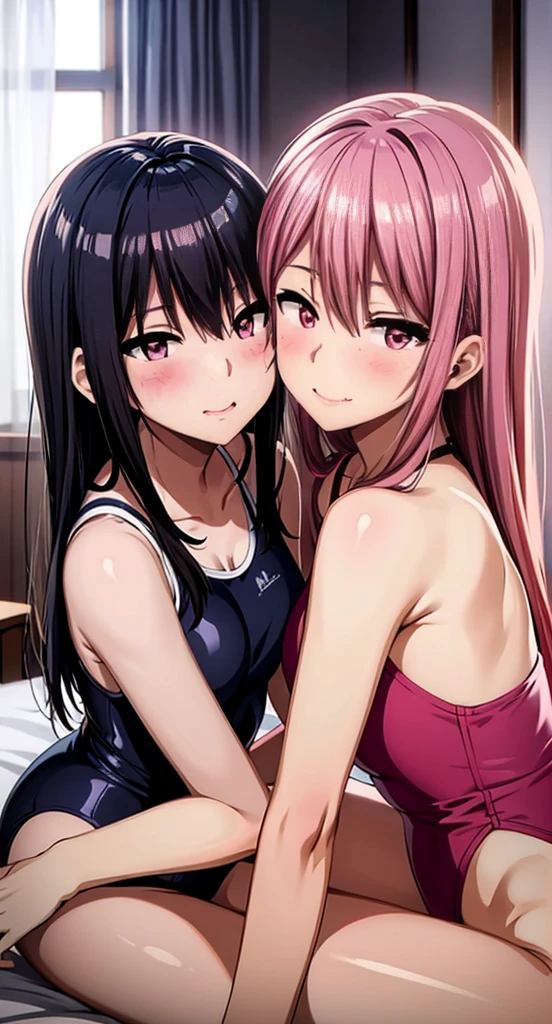2 girls , Yukinoshita Yukino , yuigahama yui is nice bast and pussy, waltz dance , Gym suit,belly button,white panties,pink panties,thighs,high angle,looking at the camera,smile
