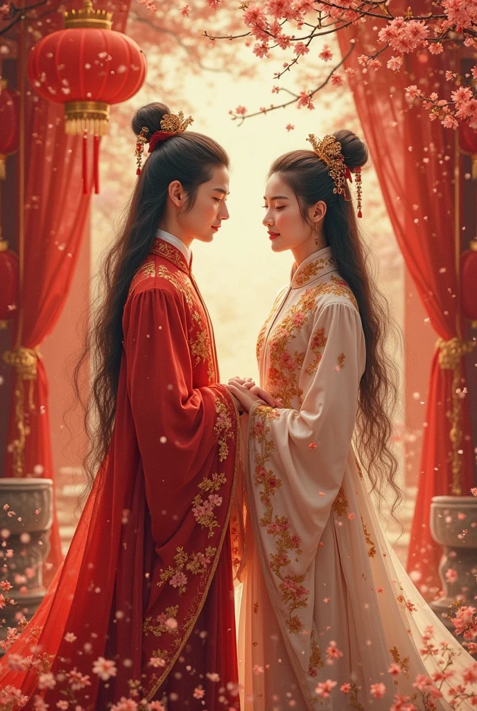 A age Korean prince boy from before with his crown and luxurious red Hanbok with a very beautiful Korean girl with a noble Hanbok, Cherry blossoms . Realistic for book cover