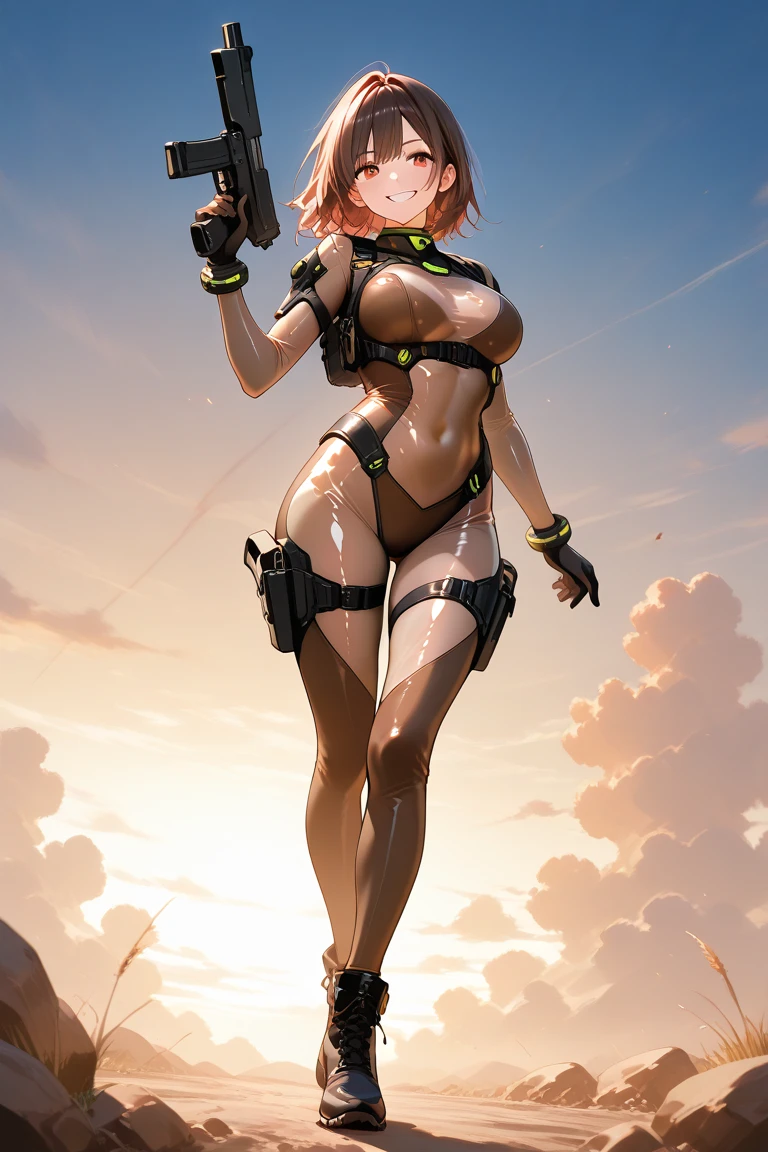 ((soldier girl asking to fuck)), anime girl holds a gun and dark cave, 1girl view, gun, solo, blue eyes, black hair, smile, symmetrical face, perfect body, full body, holding gun, ocean, outdoors, looking at viewer, sky, short hair, random angle, cowboy shot, short body mecha armor, nude, sexually indecent armor, armor skin, random angle, ((ligth green-black armor)), nsfw, +18. 