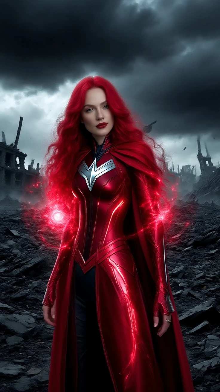 (full body shot:1.1) photorealistic image of a (standing pose:1.1) woman, ultrarealistic, photography, long red hair, girl, 24 years old, hourglass figure, perfect body, Flirty look, extremely detailed artgerm, in the style artgerm, facing the camera, lens 35 mm, blur background, scarlet witch red cosplay, floating in the air, red electric glowing hands, sparkling with red electricity, outside in darkening clouds, clouds with red electricity, full body, full body pic (full body) (full body portrait), show her from head to toe, she is wearing red knee high boots with gold soles