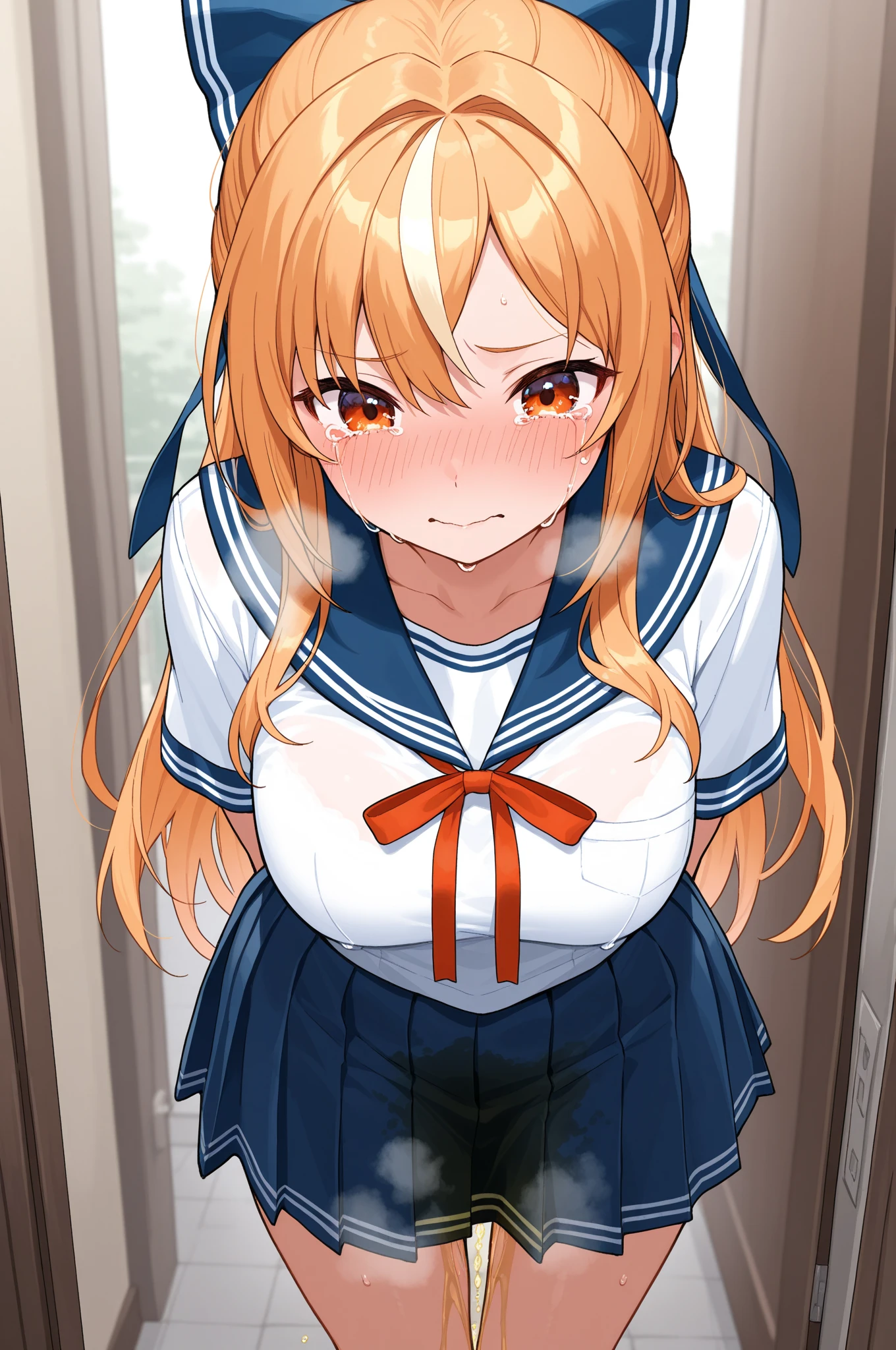 Yuuki Asuna, ((masterpiece)), High resolution, Asuna、 Bright orange hair, 、Sucking penis、Sweat all over the body、vapor、high school girl、Handjob、Shot from above、