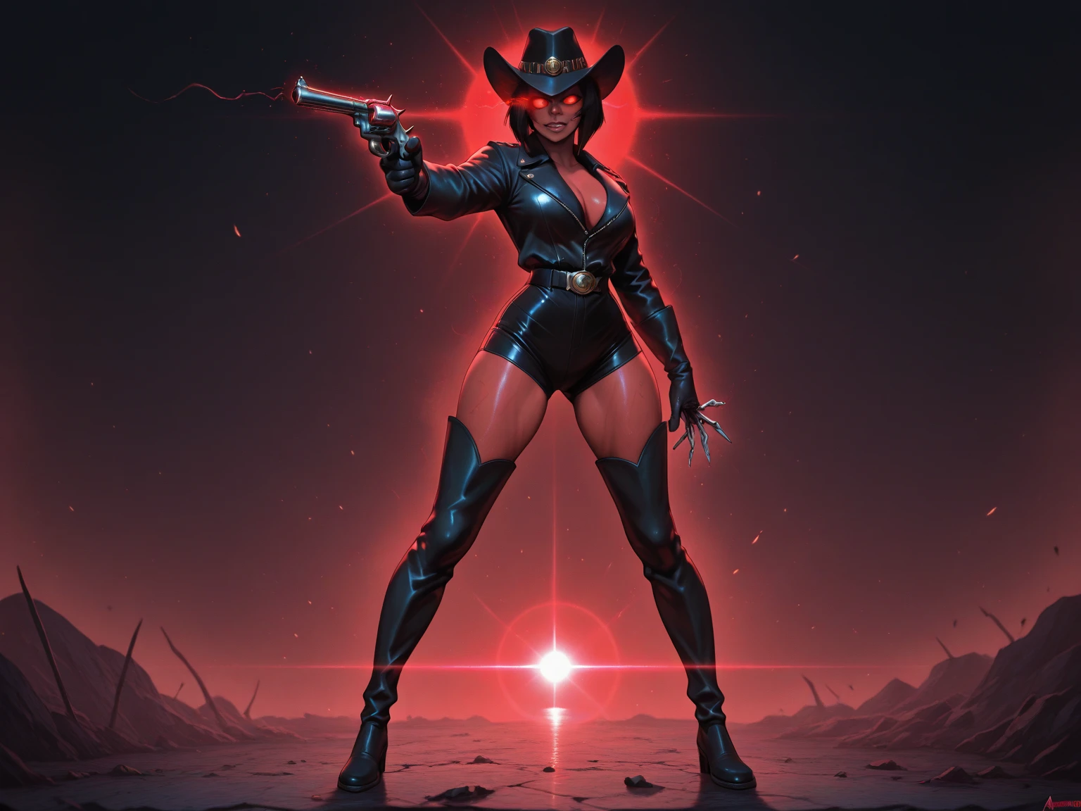 an attractive woman [gunslinger:bounty hunter:0.4] standing in a apocalyptic wilderness (ecocomputer style:1) <lora:djzEcoComputer_LB2:0.8>
